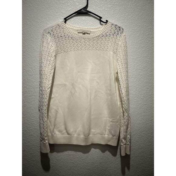 Loft Womens Open Knit Crochet Boho Cream Long Sleeve Sweater Med Coastal Beach - Picture 1 of 7